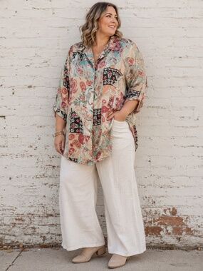 Chapter One Lagenlook Patchwork Paisley Blouse 2X Button Front Roll Tab Sleeves